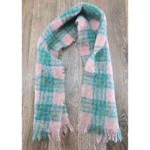 Hand Acraft Scotland Pink Green Plaid Kids Scarf Fringe Mohair Wool